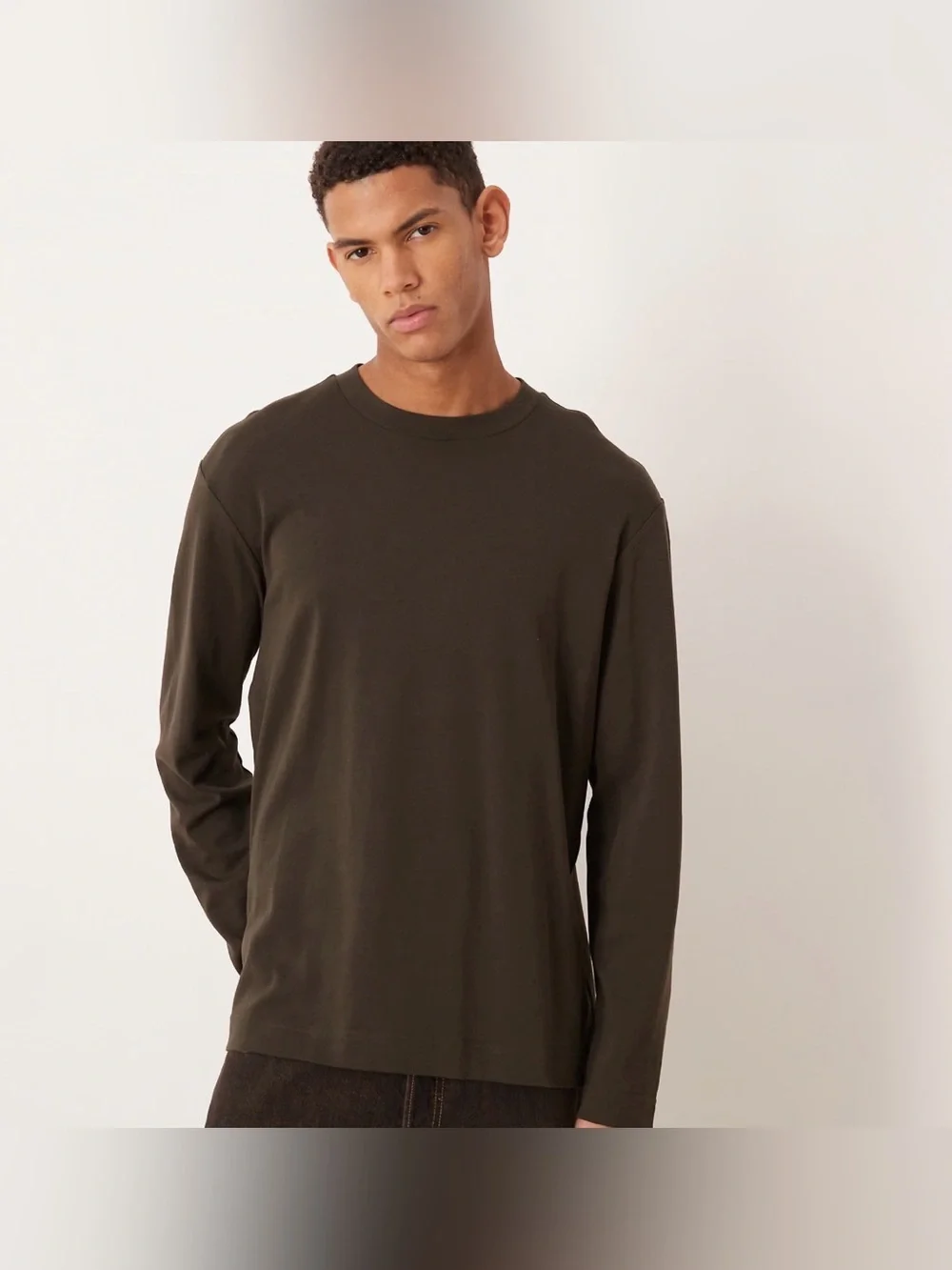 Mango 100% cotton wool blend long sleeve crew neck shirt in brown XS